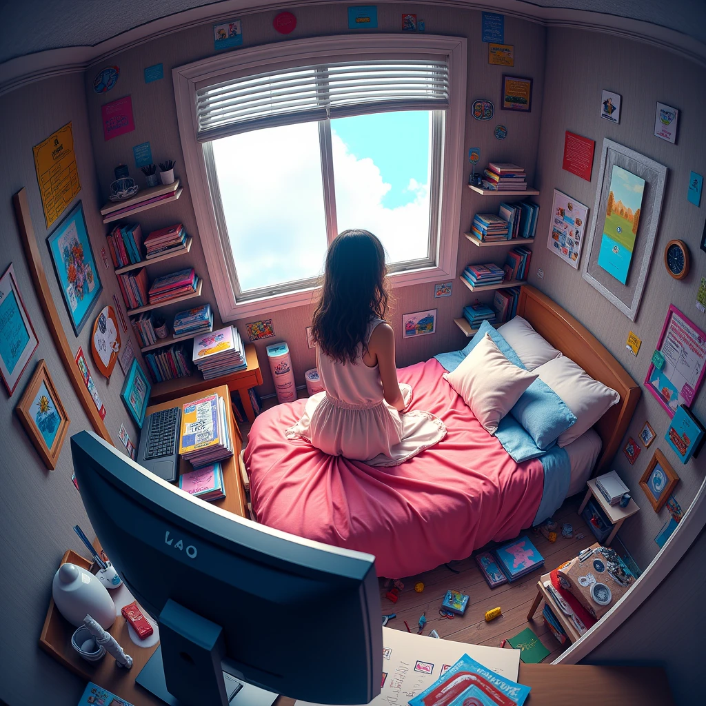 Messy girl's room, futurist, the room must be in perspective (fish eye) and a little view from above (do not include any person, only the fourth) In the foreground there should be a computer ( the computer must be facing away, the screen should not be visible) and in the background a bed full of books and art supplies