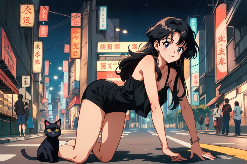 1 Retro anime pretty girl, Anime atmosphere of the 80s, 80s anime style, Retro Anime Girls, 1980's anime style, Retro anime images, Anime atmosphere, chill, sexy eyes , smile, black cat, folk car, blur tokyo city with peaples background, night time