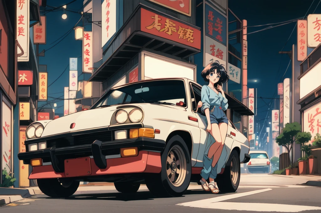 1 Retro anime pretty girl, Anime atmosphere of the 80s, 80s anime style, Retro Anime Girls, 1980's anime style, Retro anime images, Anime atmosphere, chill, sexy eyes , smile, black cat, folk car, blur tokyo city with peaples background, night time