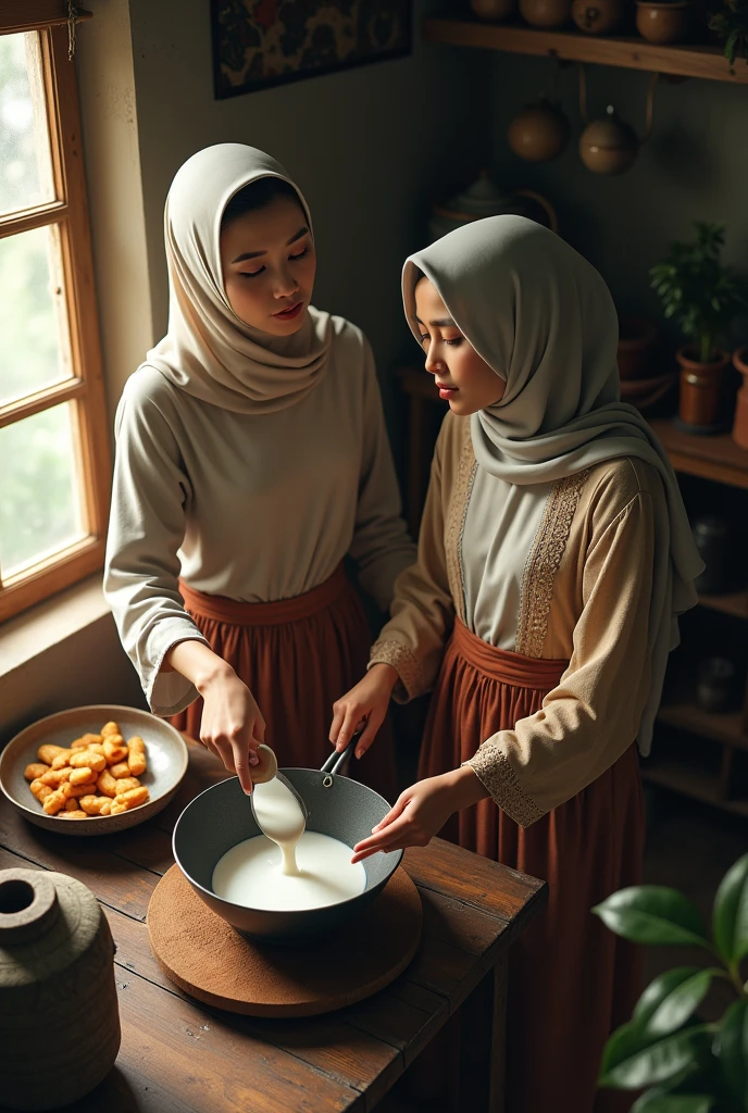 (photorealism:1.2), a top aerial view of two malay hijab beauty girl sitting,, wear a shabby blouse shirt and a batik sarong  sitting on a floor in a traditional kitchen, a girl is pouring a milk into a wok and her friend is pick up a plate of meal, old urn, top aerial angle, in a morning sunshine, sitting on a floor