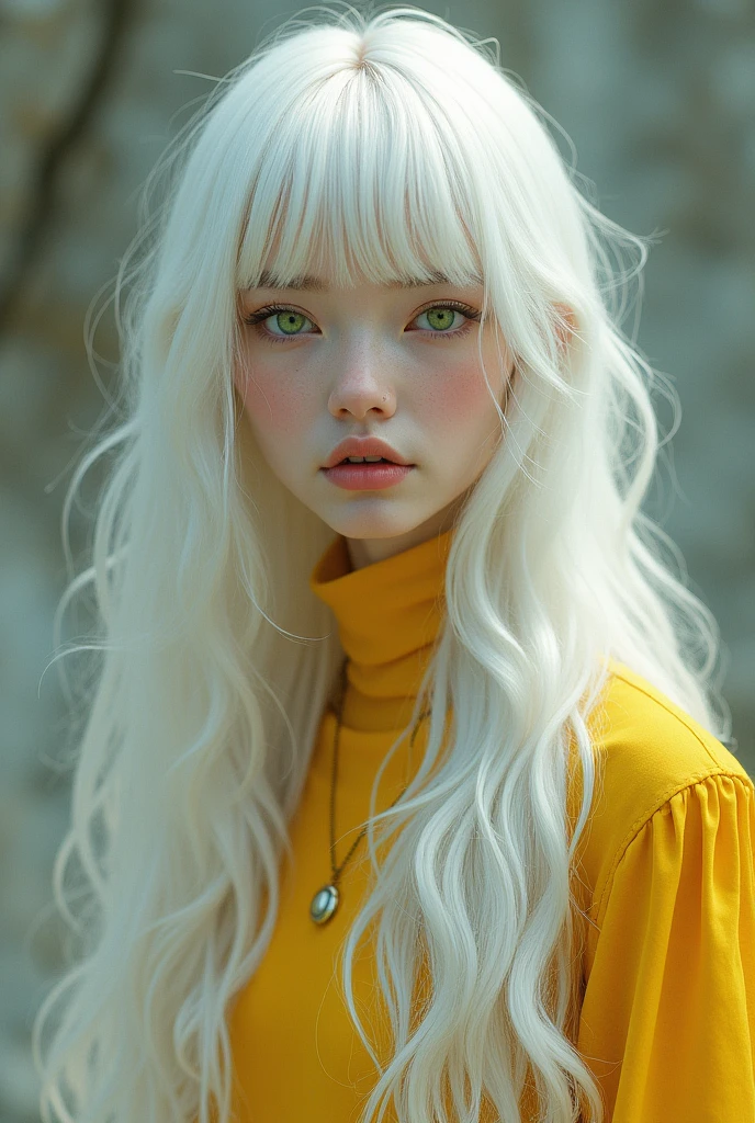 Very long white hair, greeneyes, and a yellow blouse