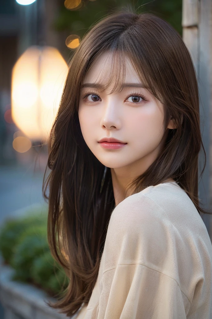 (Highest quality,masterpiece:1.3,Ultra-high resolution,),(Very detailed,Caustics),(Realistic:1.4,RAW shooting,)Ultra-Realistic Capture,Very detailed,High resolution 16K suitable for human skin、 Natural skin texture、、Skin tone is even and healthy looking、 Use natural light and colour,One Woman,Japanese,,cute,Brown Hair,Mid-length hair,(Written boundary depth、chromatic aberration、、Wide range of lighting、Natural Shading、)、(Outdoor lighting at night:1.4)、(Hair swaying in the wind:1)、short hair、Outward flicked edge