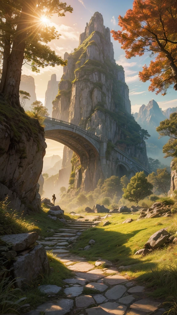 fairytale view with fantasy fairy track in a wide steep valley with huge dramatic mountains in the distance,autumn, rocks plants flowers shrubs trees moss stream lawns bridge grass animals,sunrise and strong sunbeams,very hazy,extreme details,photorealistic,4k,HD,beautiful,nature, dreamy, low shot,ground level photo, good luminosity