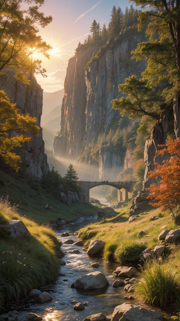 fairytale view with fantasy fairy track in a wide steep valley with huge dramatic mountains in the distance,autumn, rocks plants flowers shrubs trees moss stream lawns bridge grass animals,sunrise and strong sunbeams,very hazy,extreme details,photorealistic,4k,HD,beautiful,nature, dreamy, low shot,ground level photo, good luminosity