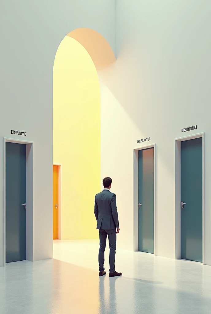 Four doors, each with a title: "employee", "Freelancer", "businessman", "Unemployed", with an indecisive person in front of them.