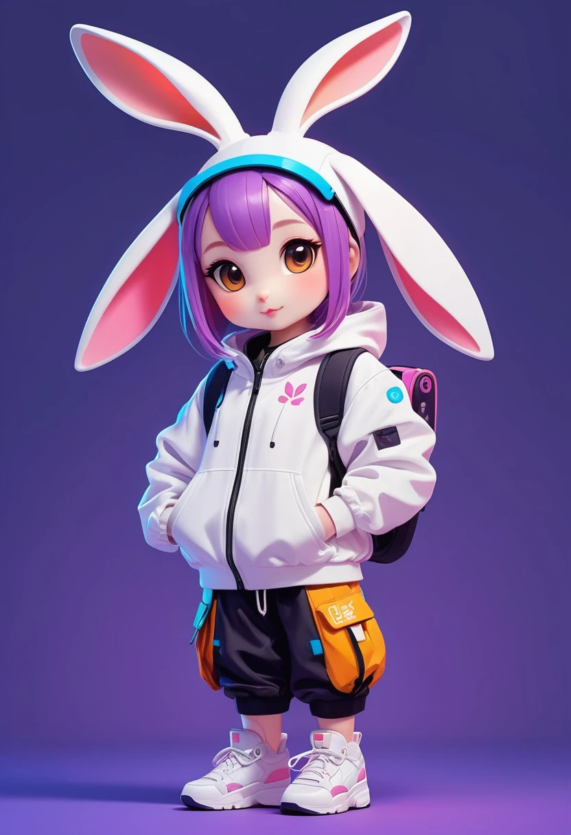 Cartoon animal design, Flat style cute rabbit full body photo, Simple but still stylish, Fresh flat style, Cyberpunk elements are used freely, The front shows a charming and cute posture, Feet down，Pose cute