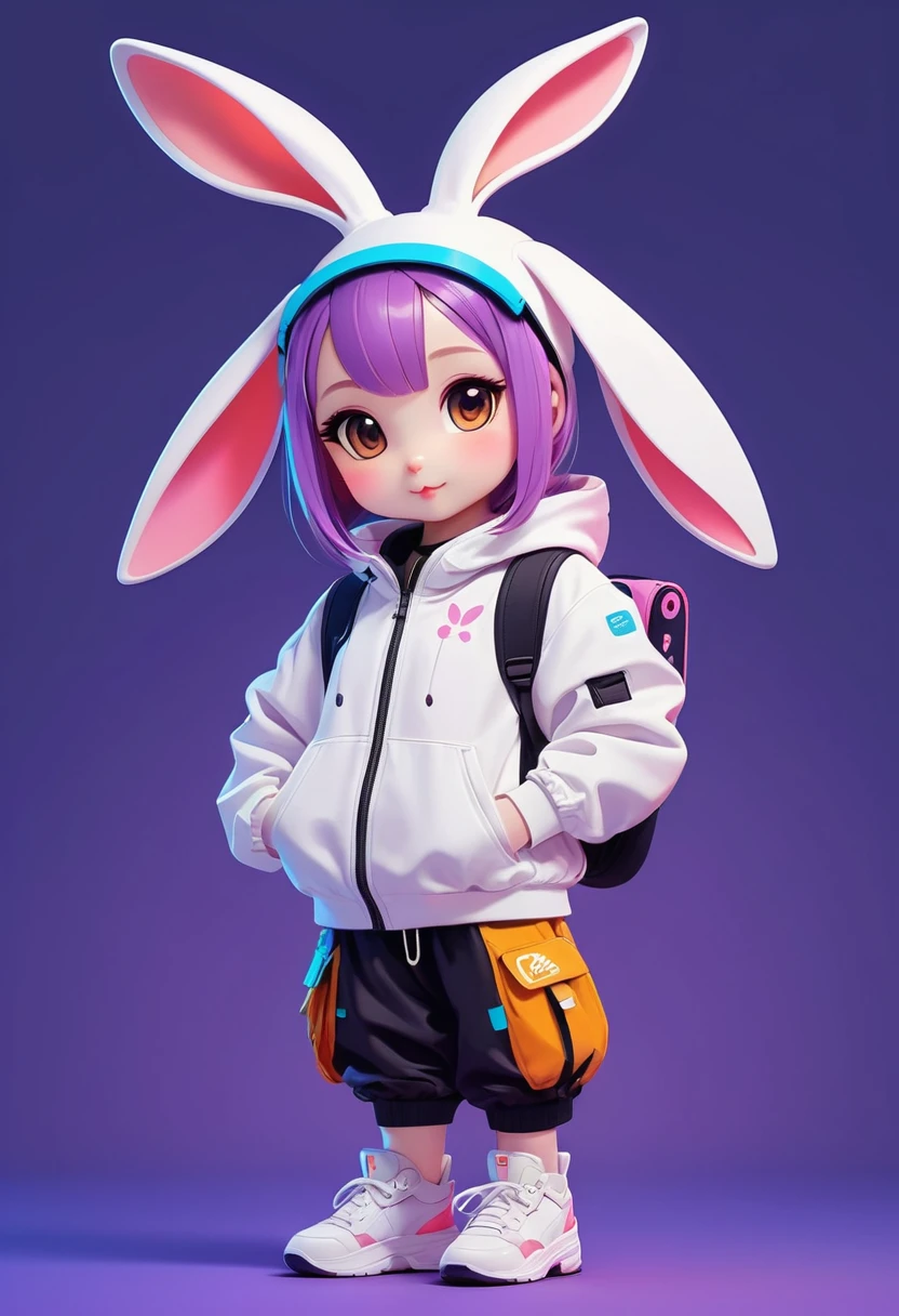 Cartoon animal design, Flat style cute rabbit full body photo, Simple but still stylish, Fresh flat style, Cyberpunk elements are used freely, The front shows a charming and cute posture, Feet down，Pose cute