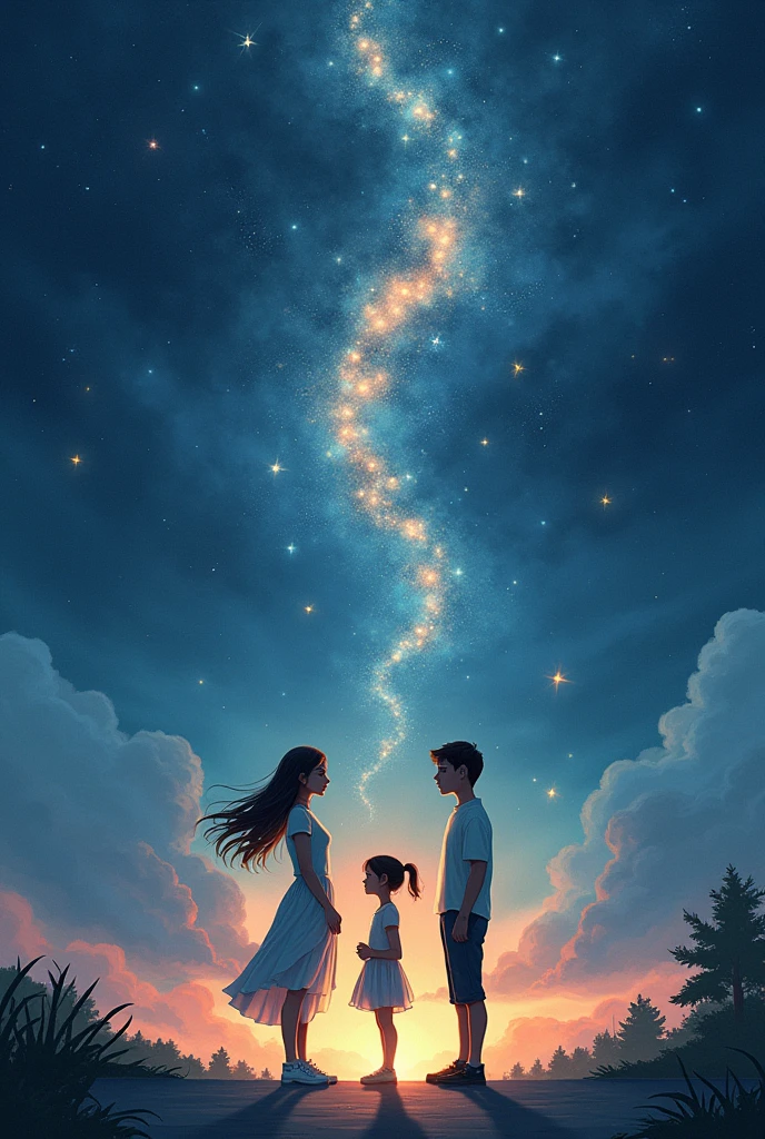 **Script para a Criação da Imagem em A.I.**
**Prompt Detalhado:**
Create a captivating and emotional book cover illustration featuring the following key elements:
1. **Central Characters:**
- **Din:** A young woman with a dreamy yet slightly insecure expression, standing at the center. She is holding a film camera or a script, symbolizing her passion for Cinema. Her gaze is directed towards the starry sky above, representing her longing and aspirations.
- **Liam:** A young man standing slightly behind Din on her right, holding a camera. His expression is introspective and sensitive, showing his deep connection to photography and his admiration for Din. He should be caught in the act of capturing a photo of Din or the scene around them.
- **Sofia:** A younger girl standing to the left of Din, positioned slightly apart. She has a mixed expression of envy and determination. She might be holding a symbol of popularity, like a crown or something that represents her desire to compete with Din.
- **Helena:** An older woman, ethereal in appearance, possibly transparent or fading into the stars above. She should be depicted with a wise and caring expression, symbolizing her spiritual guidance and connection to the universe. Helena's figure can blend subtly with the starry sky, indicating her role as a guiding force.
2. **Background:**
- **Starry Sky:** The background should be a deep, night sky filled with sparkling stars. A few stars should be brighter and more prominent, perhaps forming a subtle heart shape or a path, symbolizing the themes of love and destiny. The stars should feel magical and inviting.
- **City or Nature Elements:** Below the starry sky, depict a combination of urban or natural scenery, representing the setting of the story. The scene should have a calm and slightly mystical atmosphere, with gentle reflections of the stars on the ground, suggesting a connection between the characters and the universe.
3. **Color Scheme:**
- **Pa