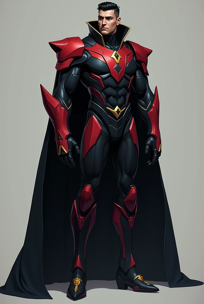 Physicist: Sentinel has an imposing stature, with 1,90m tall and well-defined muscles. Your presence is intimidating, with an always upright and confident posture.
tenue: His uniform is a high-tech armor, with a predominantly black color palette with red and gold accents. The armor has an elegant design, mixing functionality with ostentation, reflecting your ego. He also wears a long cape, black as night, which adds a dramatic air to their appearances.
muka: An angular face with a strong jawline, icy blue eyes that seem to penetrate the soul. Her hair is short and black, always well combed. He has a light scar along his left eyebrow., a vestige of an ancient struggle.