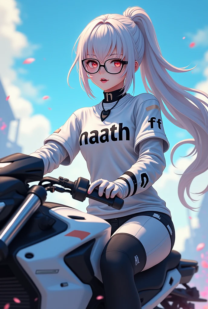   Freefire anime game style with long white hair tied with glasses with black mouth and white face with a white robotic outfit on top of a white motorcycle, and the shirt has to say "NAATH FF"
