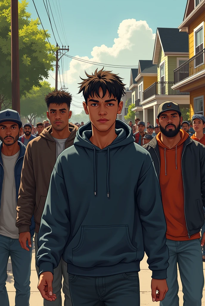 Young man arriving with a gang in the neighborhood 