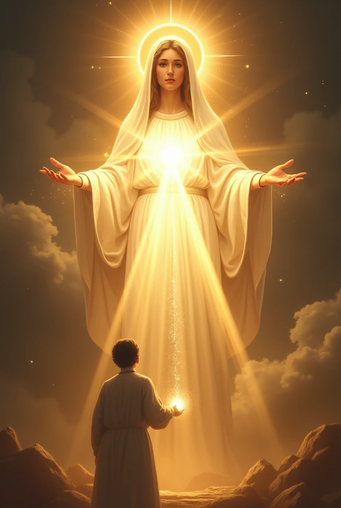 Create an image where the promise of  the virgin of  fatima (whose appearance is  more brilliant than the sun, and
radiated a light more clear and intense than a crystal glass filled with
sparkling water, when the rays of the burning sun shine through it) was kept by a young male sinner and she  is saving his soul at God's  heavenly court and Our Lady  opening her hands,
communicating him a light so intense from her hands that, as it streamed from
her hands, its rays penetrated his heart and the innermost depths
of his soul, making him see himself in God, Who was that light,
more clearly than he sees himself in the best of mirrors

