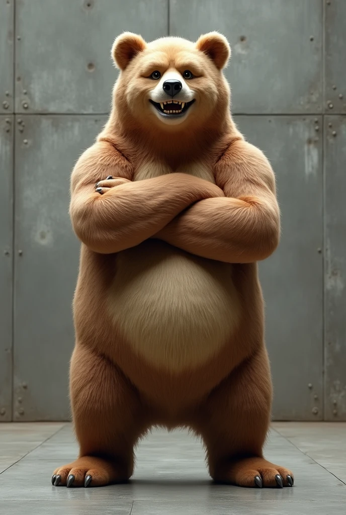 Bear、Higuma、zoo、着ぐるみを着た人みたいなBear、Have arms crossed、grin、Standing with your legs apart、Concrete Background、