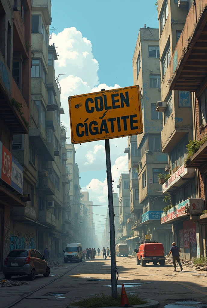 City without civic rules, with a sign that says, "Citizen standards are not carried out" The sign must be visible and in Spanish.