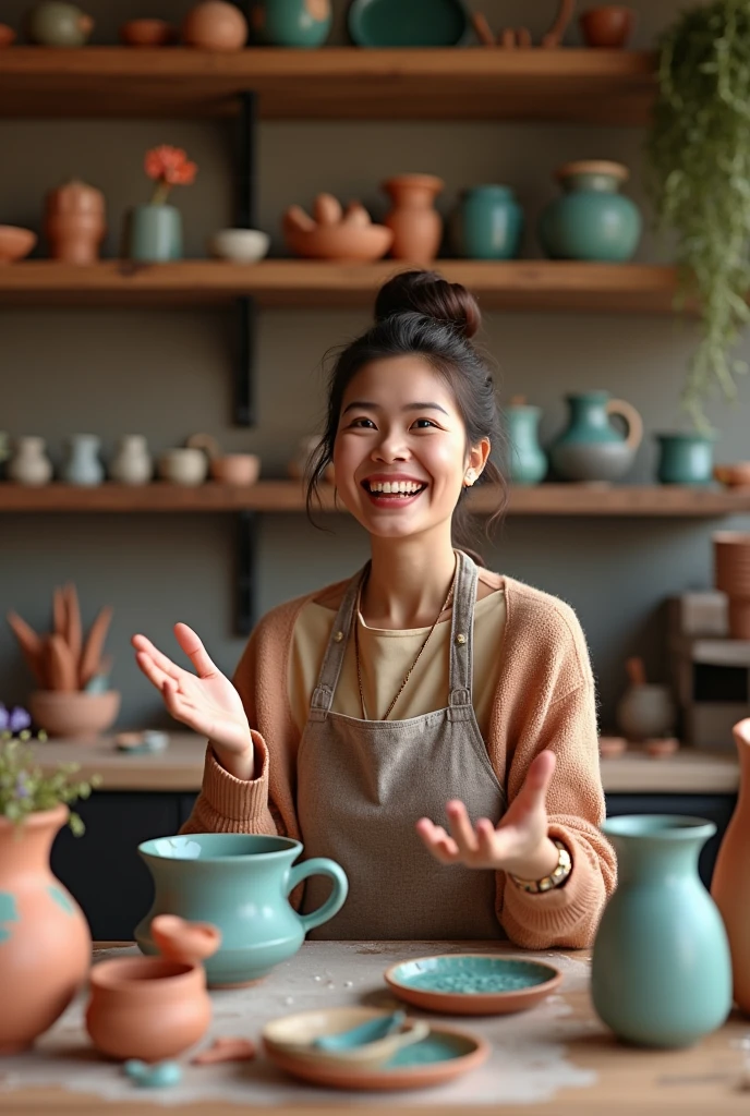 Ana Maria, a realistic virtual assistant from the northeast, which talks about clay crafts, a happy woman who loves art 