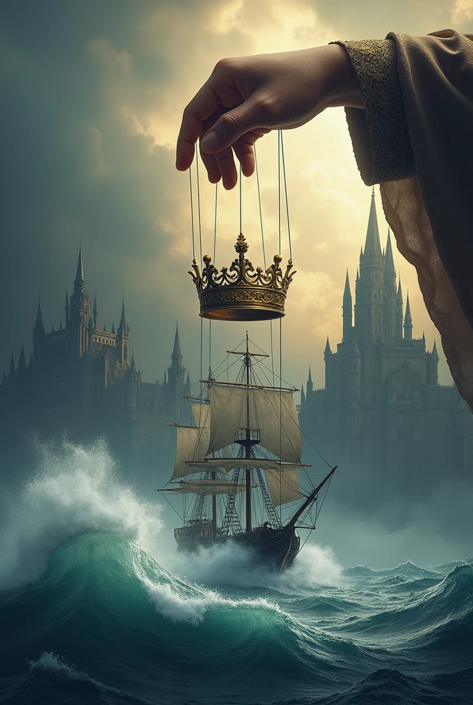 cover for my medieval fantasy book A hand with the palm down( nothing but the hand) holding a crown by several strings(like a puppet)
in the background at the top, a medieval palace, worthy of a great King in the background at the bottom, a gigantic pirate ship in the middle of a storm at sea