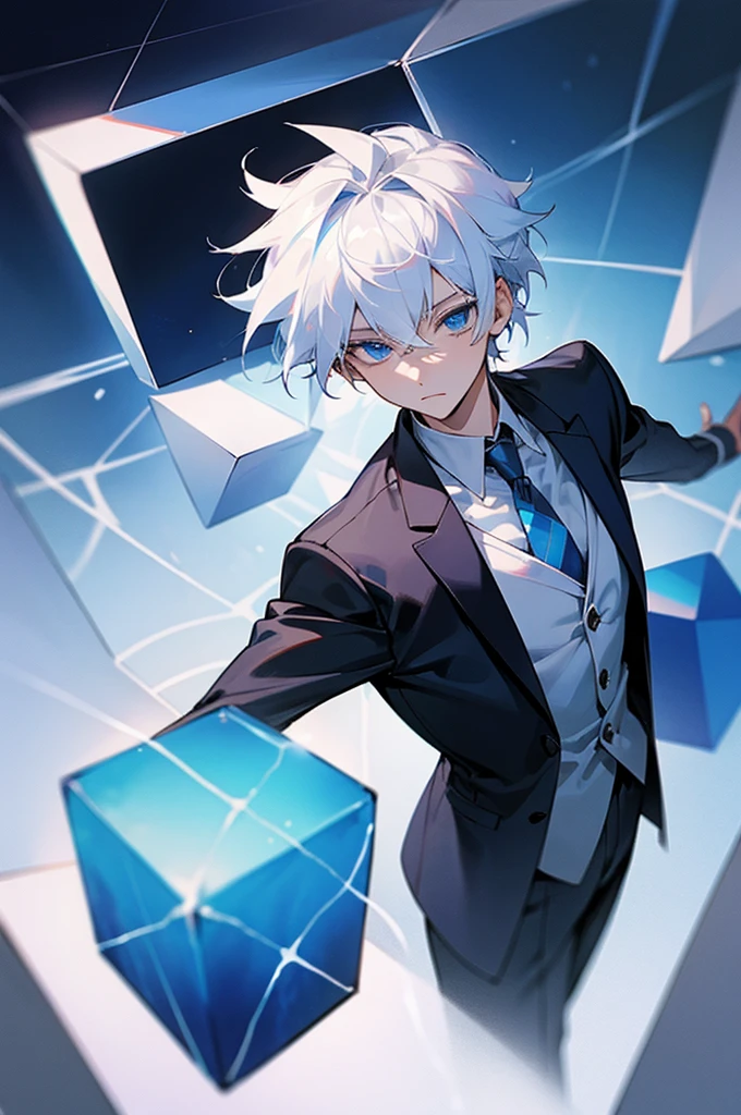 Male, young teen, White hair, Blue eyes, Suit, Blue Lightning, Cube Background
