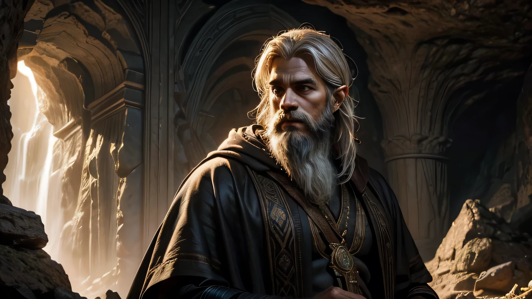 "A close-up, detailed portrayal of Sahasrahla from The Legend of Zelda, focusing on his upper body and face. The image captures his distinguished white hair and beard, meticulously groomed and exuding an aura of ancient wisdom. His gray robe and hood are partially visible, with intricate patterns subtly highlighted in the dim light.

Sahasrahla's face is the main focus, featuring a thoughtful and serene expression. His deep-set eyes, filled with wisdom and compassion, are illuminated by a soft, warm light that highlights the contours of his face and the texture of his beard. The gentle light enhances the details of his features, reflecting his esteemed role as a guardian of ancient knowledge.

The background is set in a dark, shadowy cave, with rough, jagged rock formations and faint glimmers of mineral deposits or magical runes adding to the atmosphere. The cave's interior is blurred to ensure Sahasrahla remains the focal point, while the cave's natural textures and subtle lighting create an environment of mystique and depth. The overall effect is one of reverence and contemplation, emphasizing Sahasrahla's wisdom and connection to the ancient world."