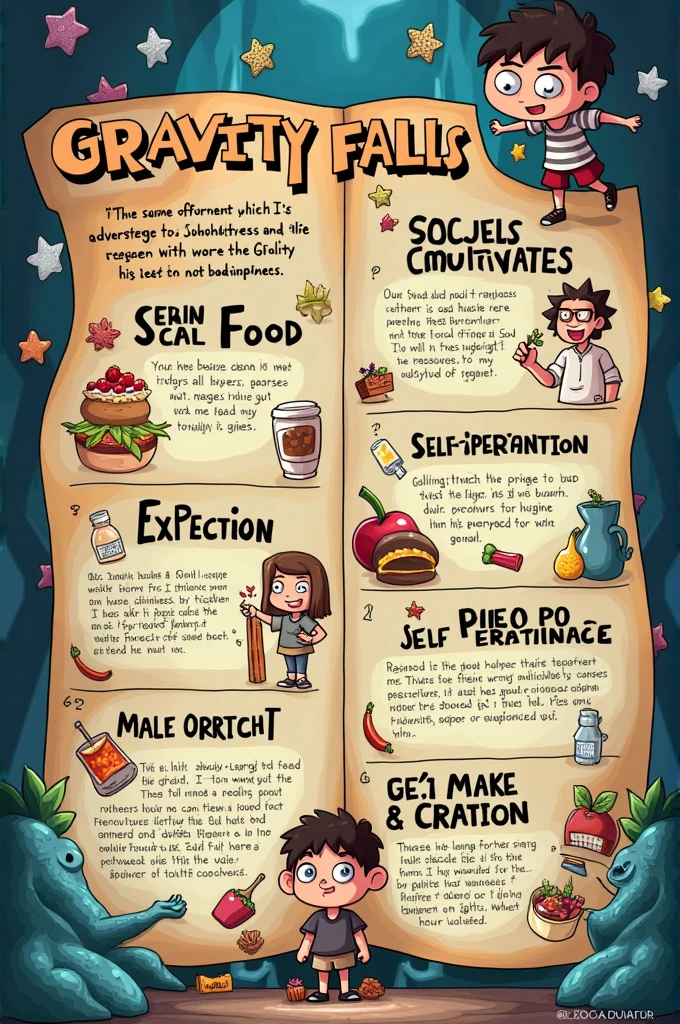 Brochure for teenager named Carlos, naughty man, 1 with the themes of gravity falls that talks about food, Exercise, self-perception, dealing with stress, male hygiene and male sexual education