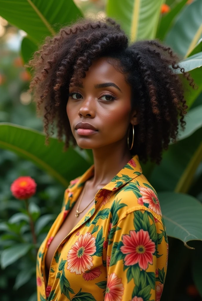 A Brazilian woman in a lush tropical garden, wearing an open shirt with a floral print, with a close-up capturing the harmonious beauty between her breasts and the natural flowers, showing off your natural charm and outgoing personality.