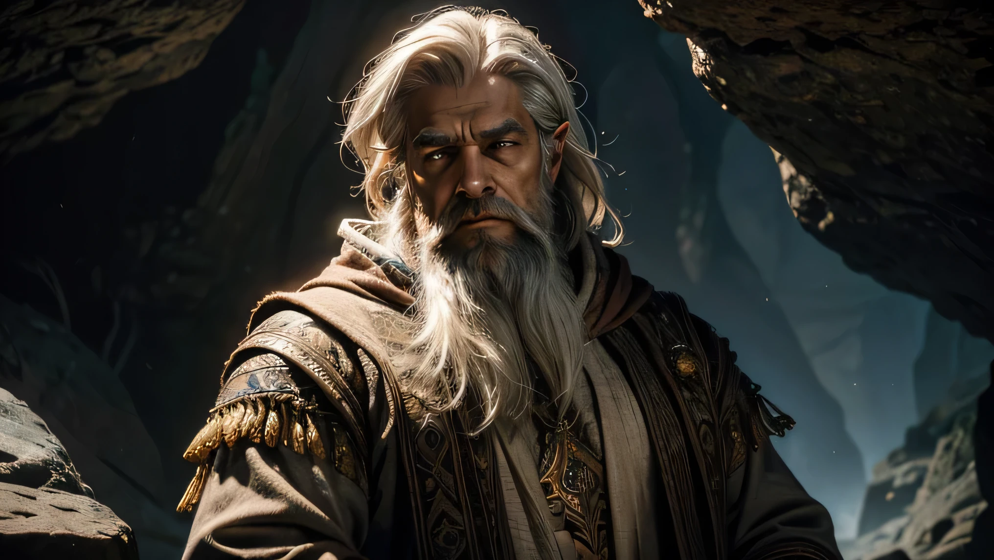 "A close-up, detailed portrayal of Sahasrahla from The Legend of Zelda, focusing on his upper body and face. The image captures his distinguished white hair and beard, meticulously groomed and exuding an aura of ancient wisdom. His gray robe and hood are partially visible, with intricate patterns subtly highlighted in the dim light.
Sahasrahla's face is the main focus, featuring a thoughtful and serene expression. His deep-set eyes, filled with wisdom and compassion, are illuminated by a soft, warm light that highlights the contours of his face and the texture of his beard. The gentle light enhances the details of his features, reflecting his esteemed role as a guardian of ancient knowledge.
The background is set in a dark, shadowy cave, with rough, jagged rock formations and faint glimmers of mineral deposits or magical runes adding to the atmosphere. The cave's interior is blurred to ensure Sahasrahla remains the focal point, while the cave's natural textures and subtle lighting create an environment of mystique and depth. The overall effect is one of reverence and contemplation, emphasizing Sahasrahla's wisdom and connection to the ancient world."