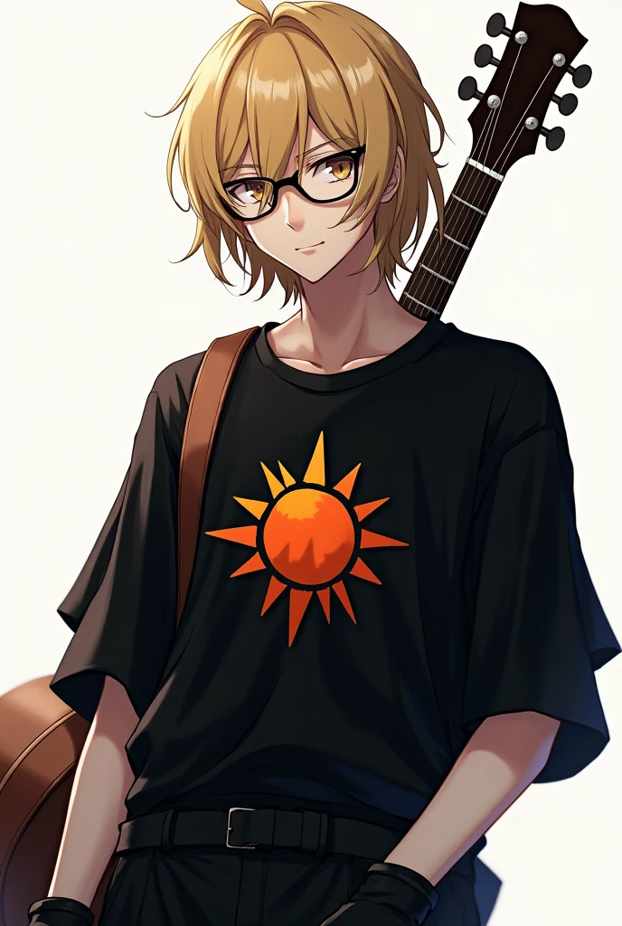 A man with gloves and a black shirt and a logo of a sun that looks sublime and blond hair and black glasses and a guitar on his back and anime