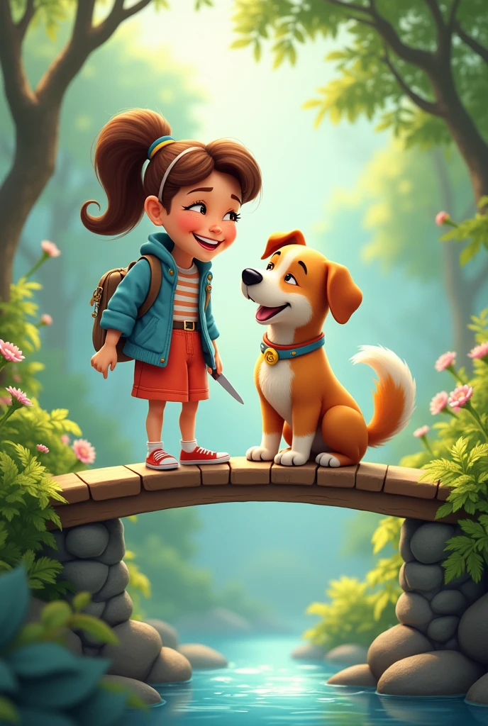 A dog and a woman laughing standing over the bridge with knife