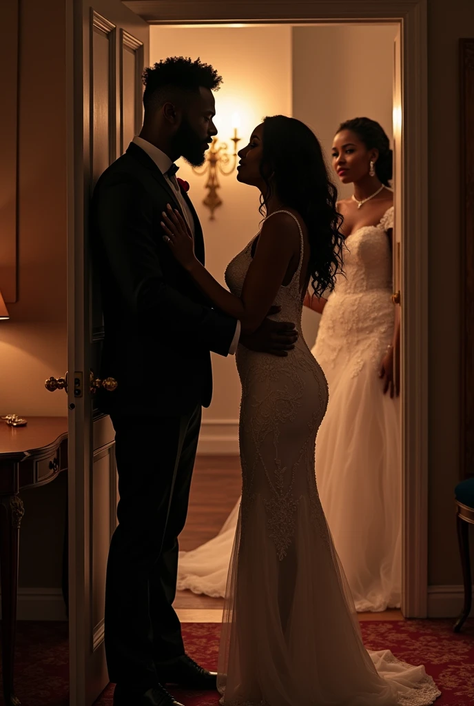 Generate an image in the background where a black handsome man and black beautiful woman is flirting whiles a black curvy bride is standing at the door looking at them