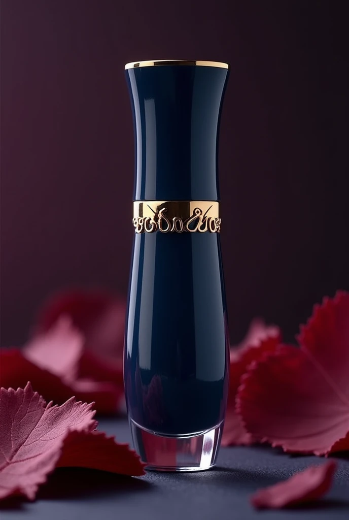 create a delicate lip gloss bottle, dark blue design colors, white and gold details. wine color, for the brand "You&Me".