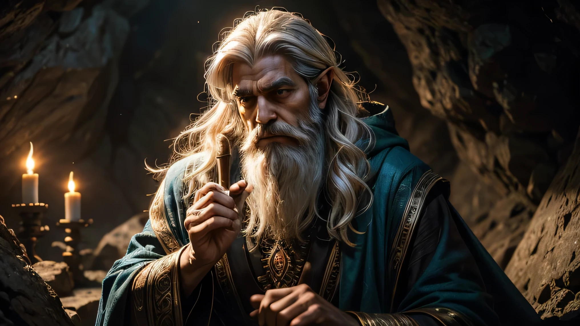 "A close-up, detailed portrayal of Sahasrahla from The Legend of Zelda, focusing on his upper body and face. The image captures his distinguished white hair and beard, meticulously groomed and exuding an aura of ancient wisdom. His gray robe and hood are partially visible, with intricate patterns subtly highlighted in the dim light.
Sahasrahla's face is the main focus, featuring a thoughtful and serene expression. His deep-set eyes, filled with wisdom and compassion, are illuminated by a soft, warm light that highlights the contours of his face and the texture of his beard. The gentle light enhances the details of his features, reflecting his esteemed role as a guardian of ancient knowledge.
The background is set in a dark, shadowy cave, with rough, jagged rock formations and faint glimmers of mineral deposits or magical runes adding to the atmosphere. The cave's interior is blurred to ensure Sahasrahla remains the focal point, while the cave's natural textures and subtle lighting create an environment of mystique and depth. The overall effect is one of reverence and contemplation, emphasizing Sahasrahla's wisdom and connection to the ancient world."
