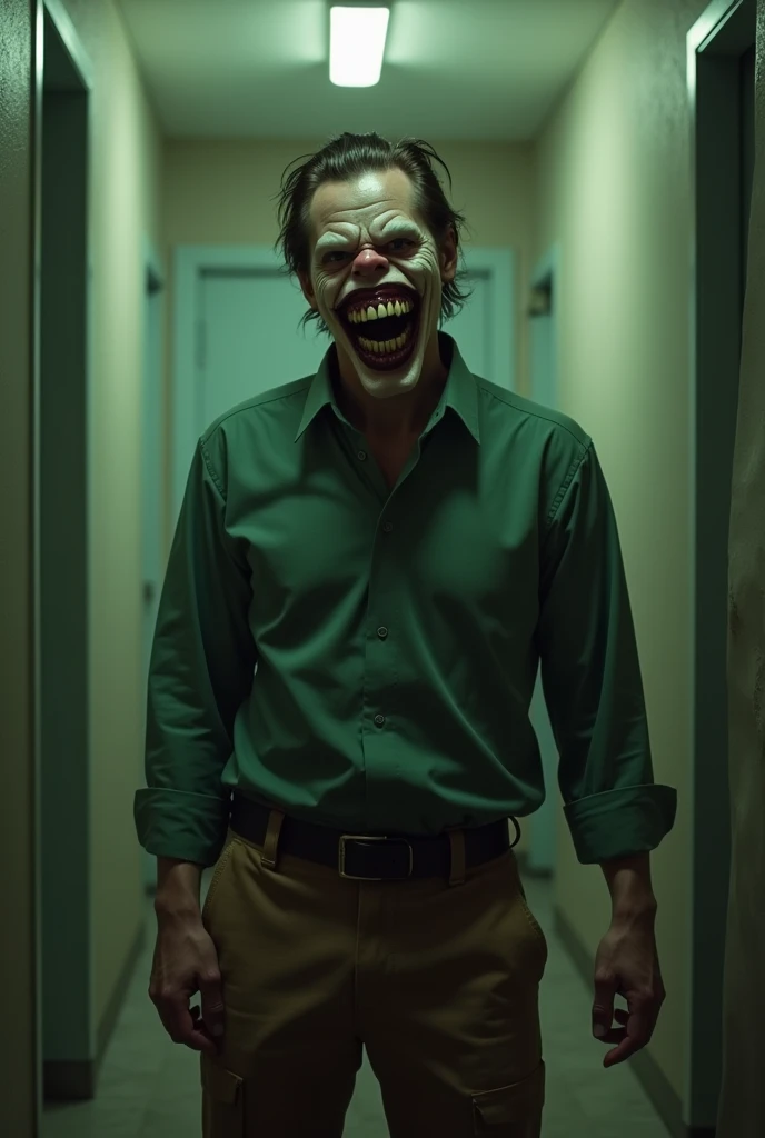 Malignant, naughty man, grown-up, blusa verde, Brown pants, slickedback hair, tooth mask, giggling, madly.