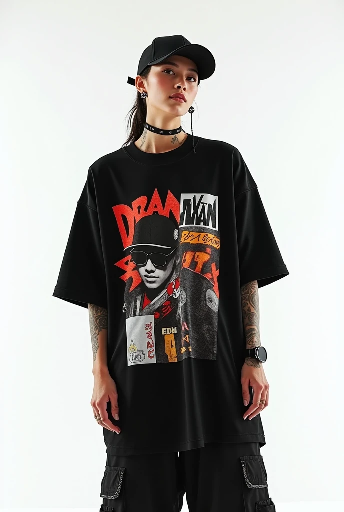 Ready now generate me a model wearing an oversized t-shirt with an urban style that also uses a cap and accessories such as earrings, tattoos, etc. with a white background
(Preferably a black t-shirt with prints and a man&#39;s shirt 
)