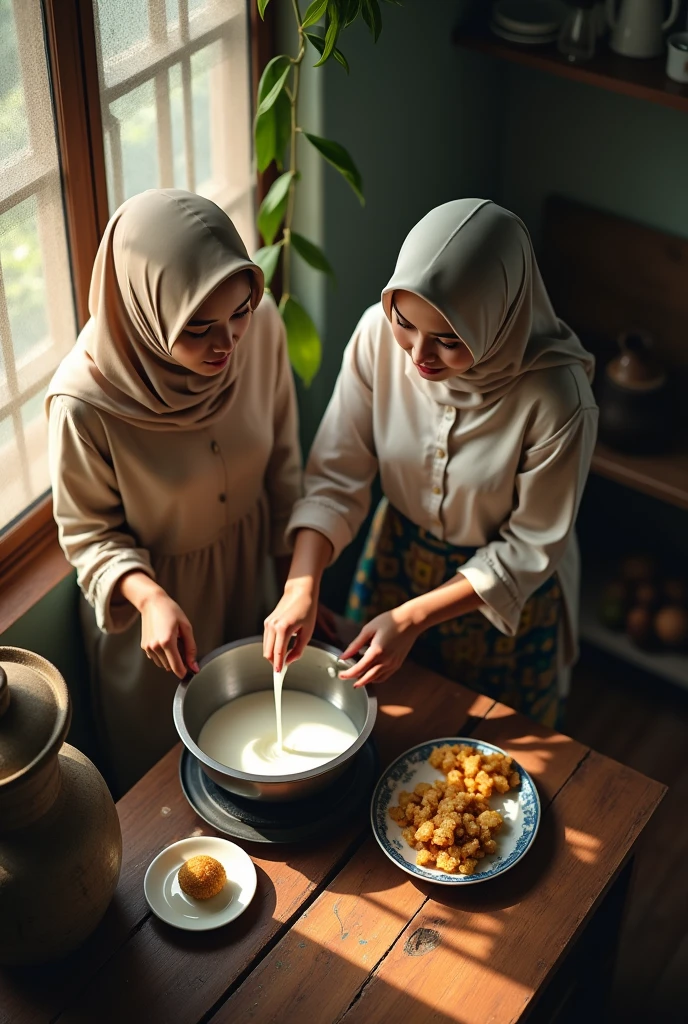 (photorealism:1.2), a top aerial view of two malay hijab beauty girl sitting,, wear a shabby blouse shirt and a batik sarong sitting on a floor in a traditional kitchen, a girl is pouring a milk into a wok and her friend is pick up a plate of meal, old urn, top aerial angle, in a morning sunshine, sitting on a floor