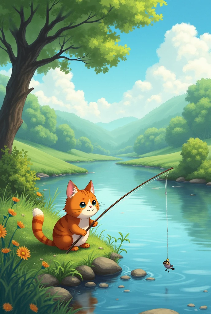 a cat fishing at the river bank, ghibli