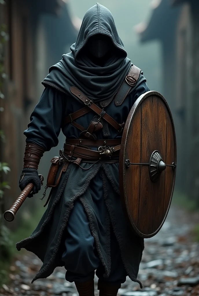 a medieval ninja with a wooden-handled shield in his fist and a small dagger and a small coin pouch at his waist
