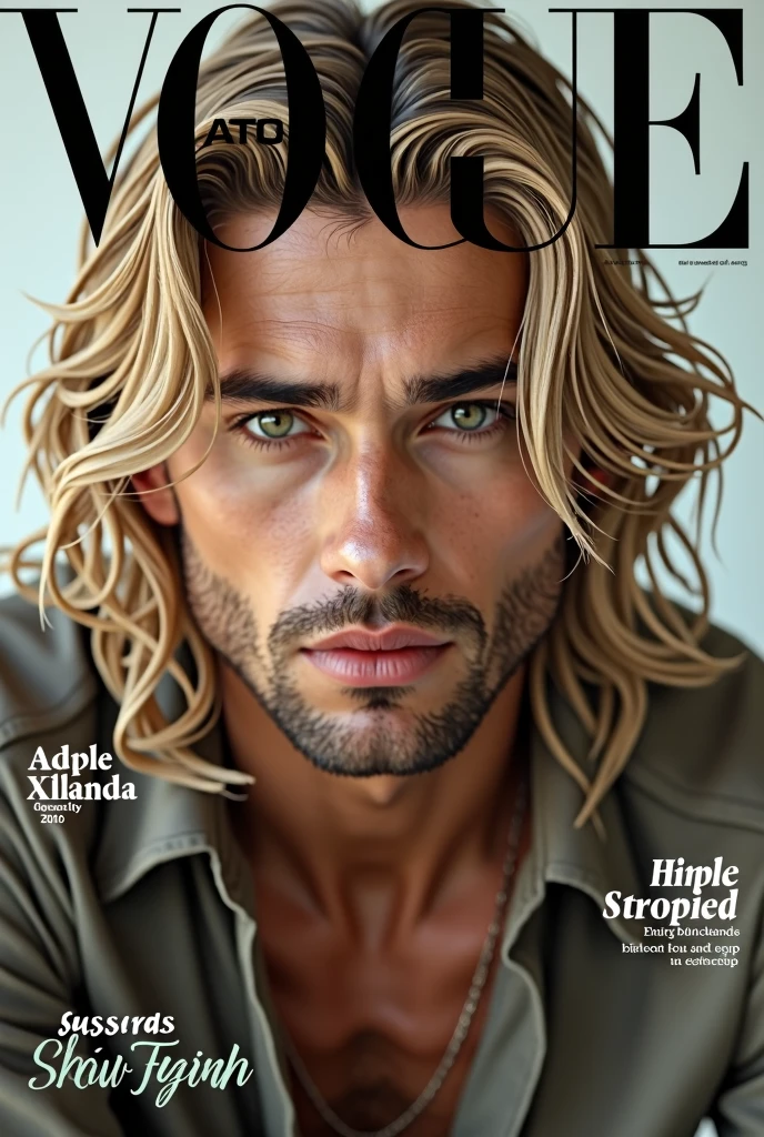 (photorealism:1.2), 
handsome blond man with long hair green eyes 1 on magazine cover