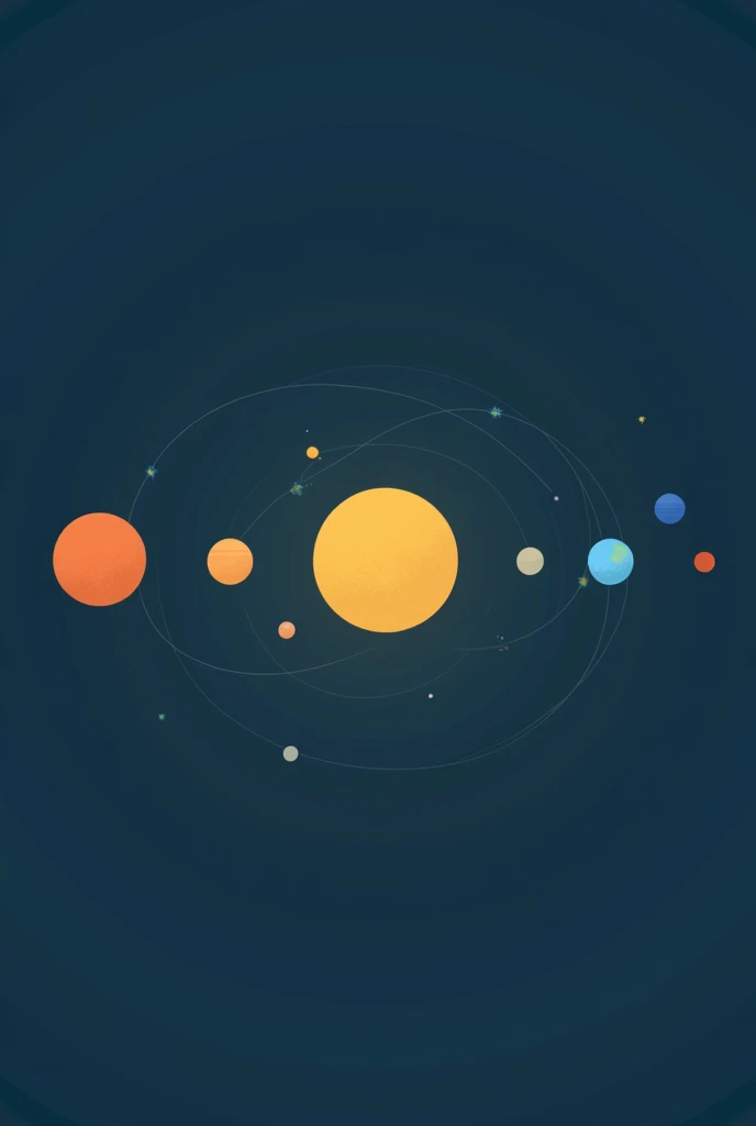 Create an illustration of the solar system in a flat design style. Place the sun in the center, with each of the eight planets orbiting around it. Use simple, flat colors for each planet and the sun, avoiding complex details. The background should be a deep blue to represent space. Show each planet with a distinct color and size, reflecting their differences. Include thin, simple orbit lines for each planet, arranged in their correct order from the sun: Mercury, Venus, Earth, Mars, Jupiter, Saturn, Uranus, and Neptune. Near Earth, add the Moon as a small grey circle, orbiting around it.