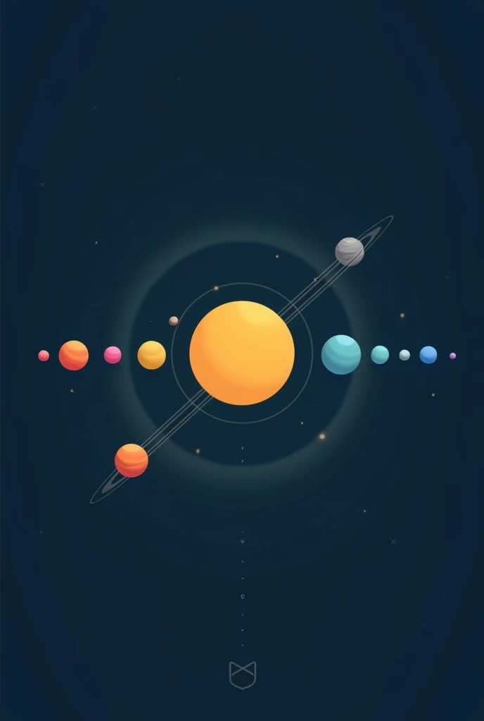 Create an illustration of the solar system in a flat design style. Place the sun in the center, with each of the eight planets orbiting around it. Use simple, flat colors for each planet and the sun, avoiding complex details. The background should be a deep blue to represent space. Show each planet with a distinct color and size, reflecting their differences. Include thin, simple orbit lines for each planet, arranged in their correct order from the sun: Mercury, Venus, Earth, Mars, Jupiter, Saturn, Uranus, and Neptune. Near Earth, add the Moon as a small grey circle, orbiting around it.