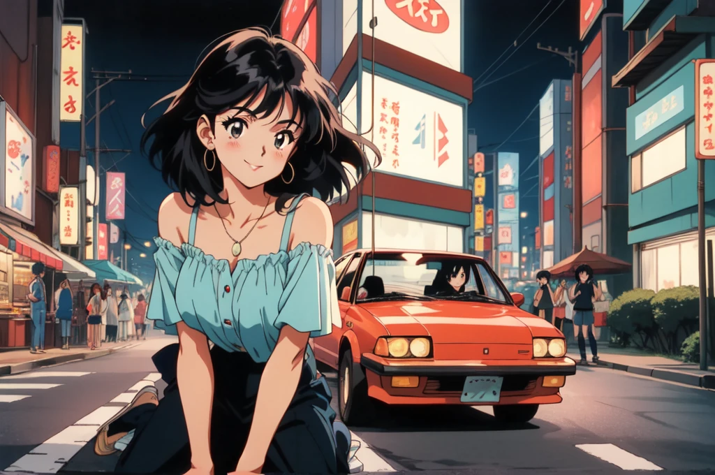 1 Retro anime pretty girl, Anime atmosphere of the 80s, 80s anime style, Retro Anime Girls, 1980's anime style, Retro anime images, Anime atmosphere, chill, sexy eyes , smile, black cat, folk car, blur tokyo city with peaples background, night time