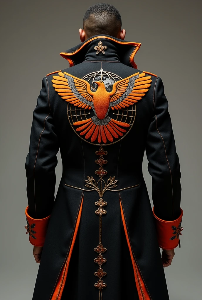 Create a black and orange coat with a dove and a globe in the middle of the back. It has a business feel and is embroidered in detail. There are many details.