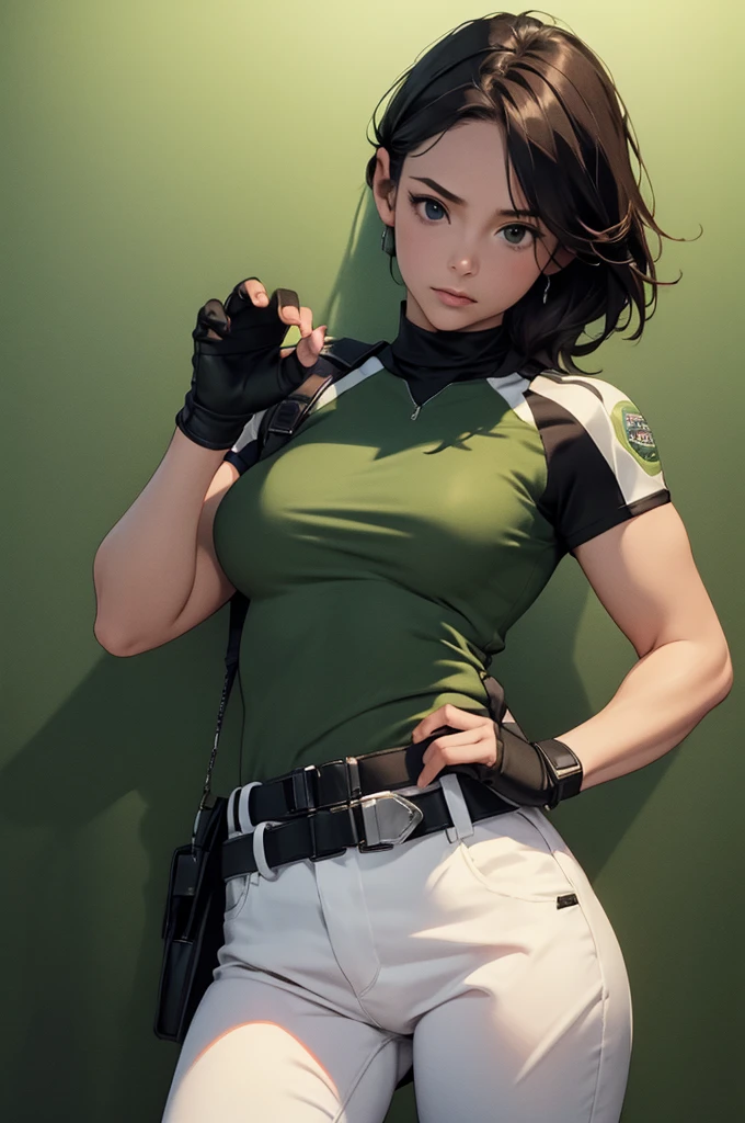 masterpiece, best quality:1.2), expressive eyes, perfect face, highres, 1 girl, solo, (female:1.5), chris redfield, green taut shirt, white pants, fingerless gloves, belt, hands to hip, standing, portrait, looking at the viewer,