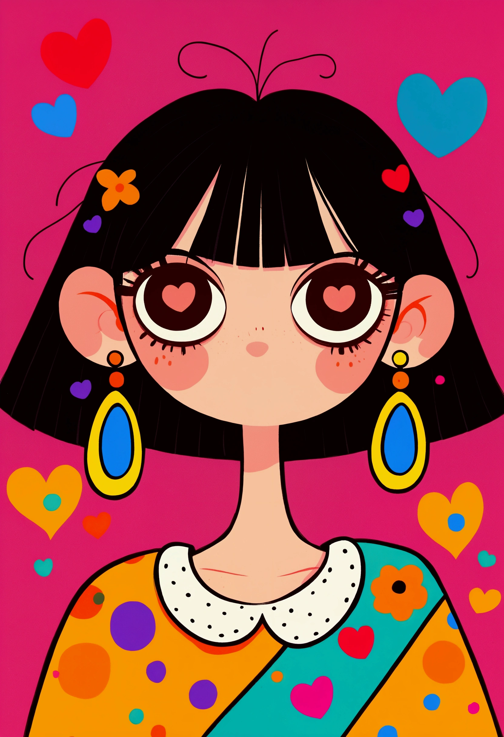 Flat Wind，Vector，Childish art cartoon，Cartoon girl with black hair and big earrings,Big eyes-heart pupil，eyelash，Cute expression，Bangs，Minimalism， White collar，Lovely art style, rich and colorful! Digital illustration style, The art of math. rich and colorful comic, Hand drawn cartoon art style，Solid color background，Black Lines