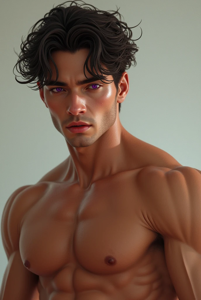 tanned man, cupid mouth and reddish, Straight Nose, eyes in bright purple color, defined jaw, straight eyebrows, defined body, wavy hair with a youthful appearance