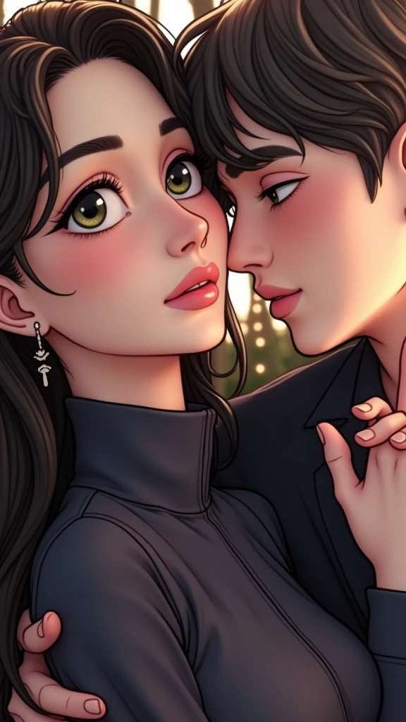 A couple hugging tenderly, intimate embrace, soft lighting, warm colors, romantic, highly detailed, 8K, photorealistic, beautiful facial features, intricate clothing, lush background, natural setting, cinematic composition, dramatic lighting, glowing skin tones, tender expressions, emotional connection