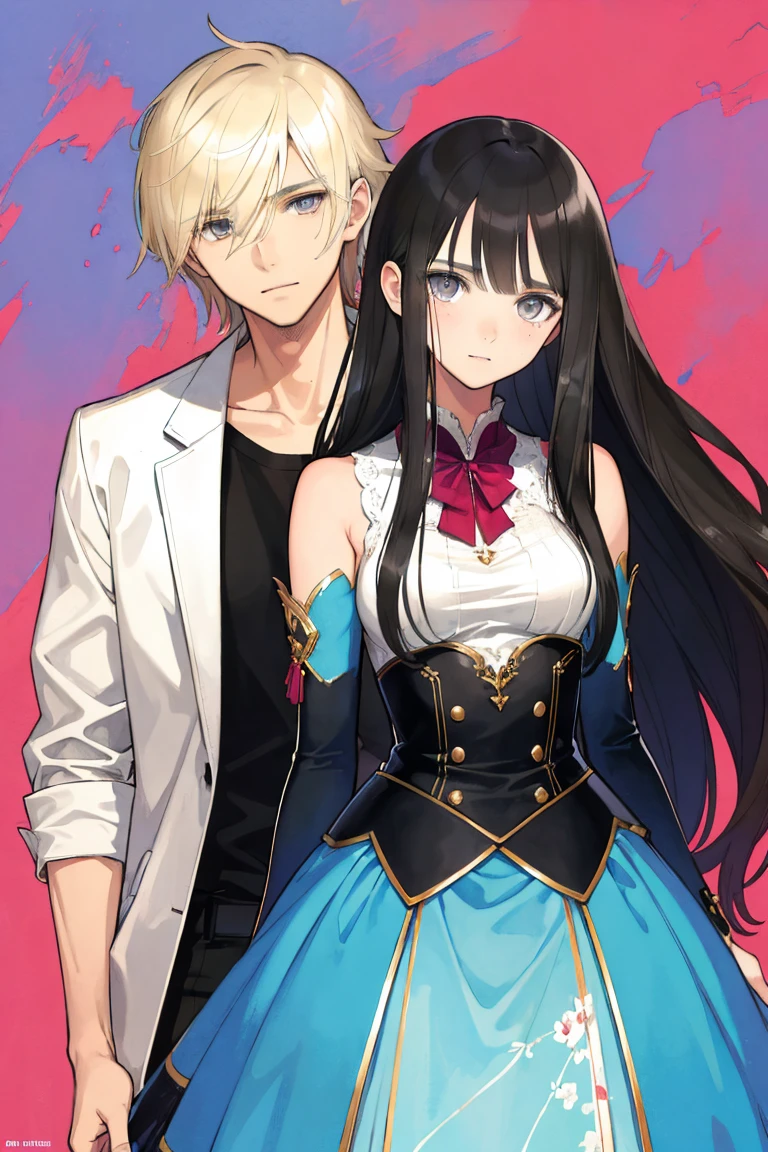 man and woman, couple, love, mature, a cat woman, she has freckles, she has dark brown eyes and an upturned nose, she is happy and smiling, she has long wavy hair, black hair, she is wearing aviator sunglasses with clear lenses in a soft watercolor style. The girl's clothes must be pink, purple, and blue in celebration of the bisexual, with stains of ink and watercolor mixing and filling the scene. he has blonde hair, he is handsome, he is slim. There should be a subtle, nuanced change in colors using the impasto technique with gouache paint. There should be a light rain in the watercolor painting with a little watercolor paper texture and a pastel background.