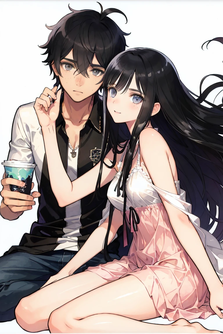 man and woman, couple, love, mature, a cat woman, she has freckles, she has dark brown eyes and an upturned nose, she is happy and smiling, she has long wavy hair, black hair, she is wearing aviator sunglasses with clear lenses in a soft watercolor style. The girl's clothes must be pink, purple, and blue in celebration of the bisexual, with stains of ink and watercolor mixing and filling the scene. he has blonde hair, he is handsome, he is slim. There should be a subtle, nuanced change in colors using the impasto technique with gouache paint. There should be a light rain in the watercolor painting with a little watercolor paper texture and a pastel background.