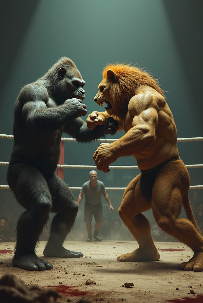 A gorilla  fase and human body and  fight  lion face and human body in the ring  and human stand down out of ring