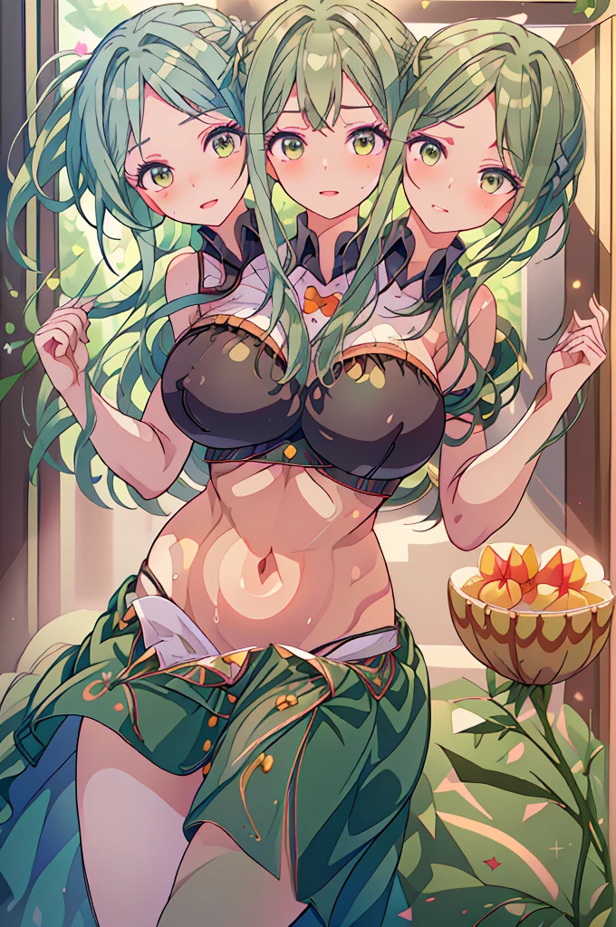 (masterpiece, best quality), best quality, (ultra-detailed), (3heads:1.5), 1girl, (mai tereida:1.3), masterpiece, best quality, ultra quality, ultra resolution, dark green top, crop top, ((stomach)), midriff, ((groin)), dark green skirt, normal ears, shackles, reseda green hair, (same hair color), very long hair, wavy hair, long sidelocks, pea colored eyes, parted lips, smiling, smirk, sweat, cute, toned belly, hand on own chest, eyelashes, (2 woman:1.3), (masterpiece:1.5), (best quality:1.5), (beautiful detailed), extremely detailed CG, extremely delicate and beautiful, depth of field, (finely detailed face), (perfect details:1.2), (mature female:1.3), wide pelvis, slender, large veiny breast, 16k resolution, highres, very high quality, very high definition, extremely detailed, masterpiece, reseda green hair, long hair, alluring presence, braid, short skirt, close up, very big breasts, huge breasts, young, waist apron, girl with three heads, three headed girl,