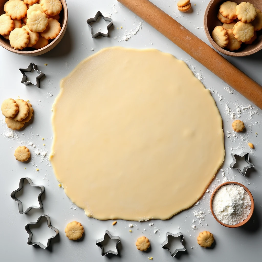 "Photo of cookie preparation with dough rolled out and cookie cutters scattered around, with no people present, taken from a top-down angle."