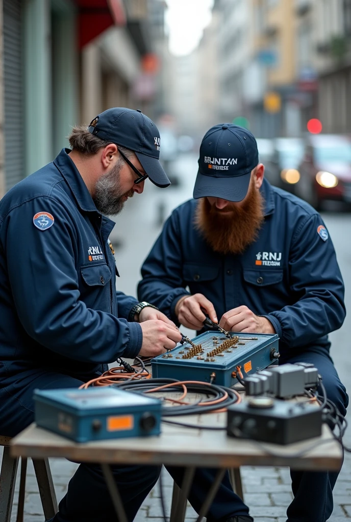 Two men in dark blue uniforms with rnj telecom written on them, one without a cap with hair and a beard and another with a cap wearing glasses and with a big beard sitting at a table on the street with two optical cable splicing machines, fusing a splice box